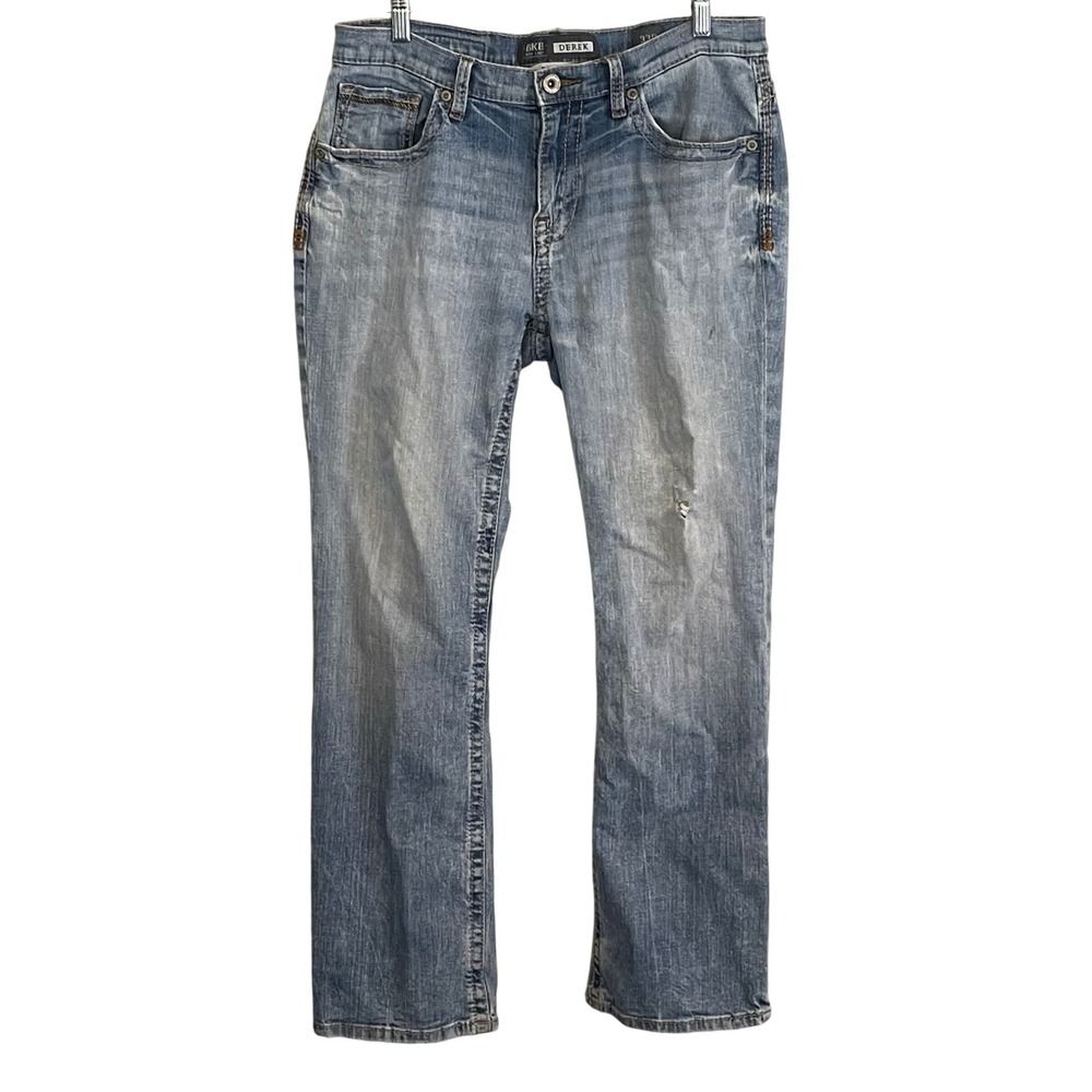 BKE Derek Bootleg Jeans Mens 33R Light Wash Distressed Embroidered Blue Denim